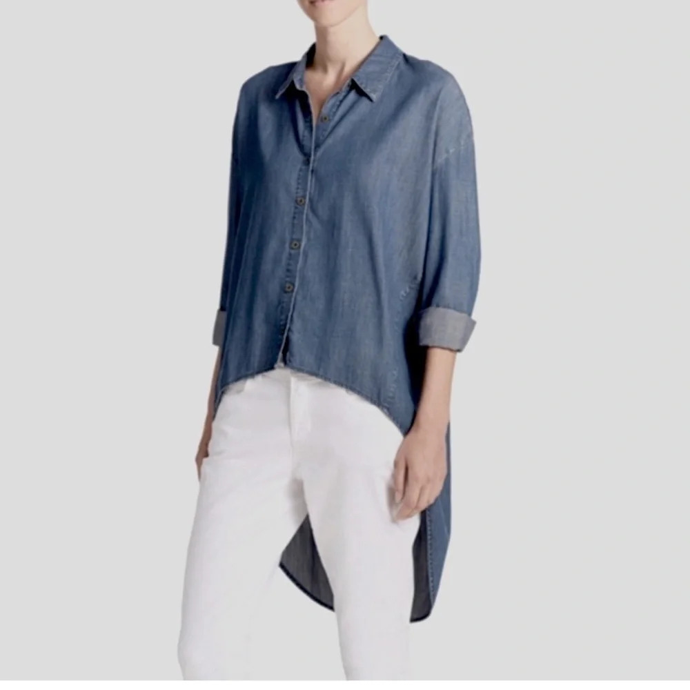 Eileen Fisher The Fisher‎ Project Hi Lo chambray denim blue button down shirt XS